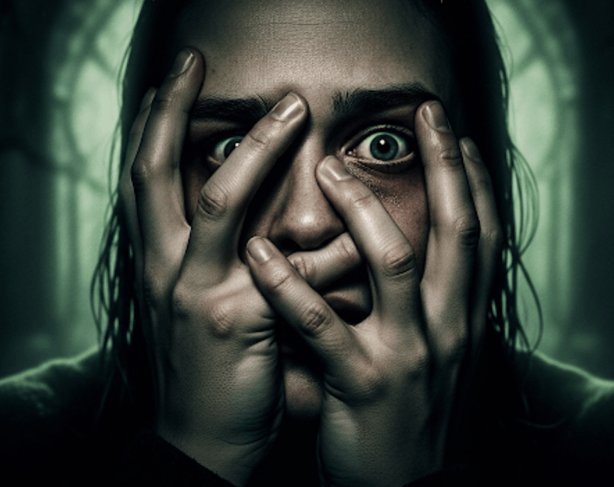 Close-up of a person with wide, fearful eyes peering through their fingers while covering their face with their hands