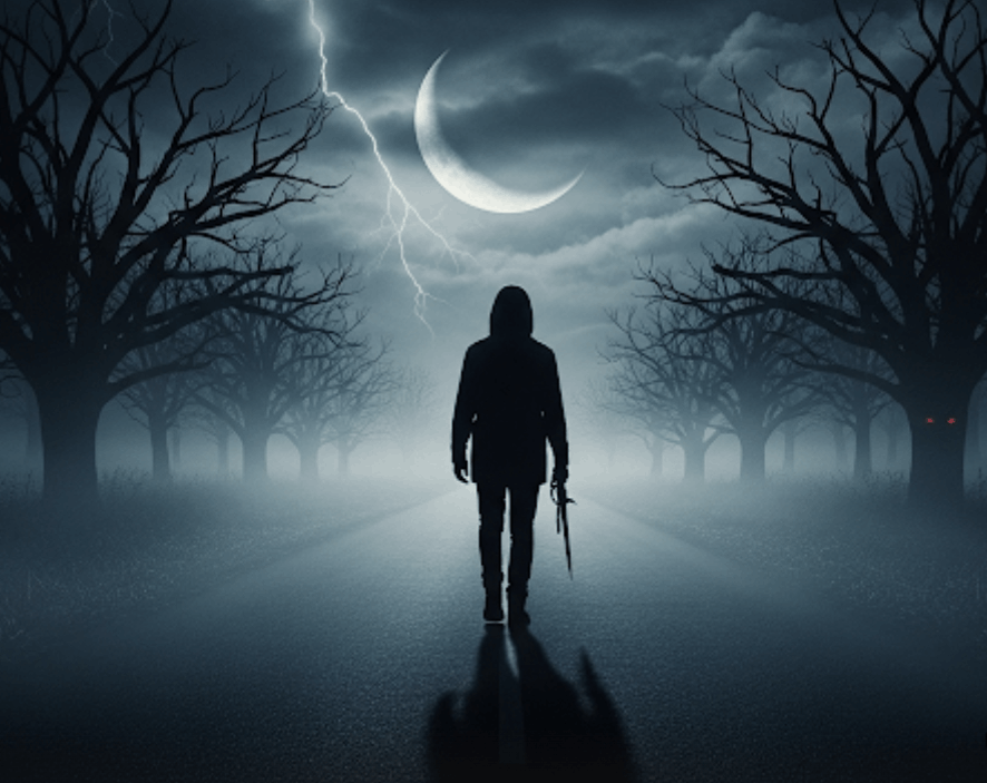 Silhouette of a person walking down a foggy road at night under a crescent moon with lightning in a dark, forest setting